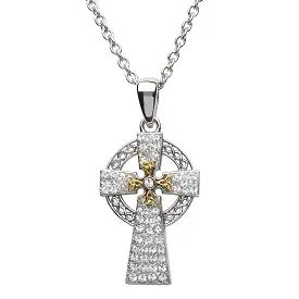 Silver Two-Tone Celtic Cross with Swarovski Crystal