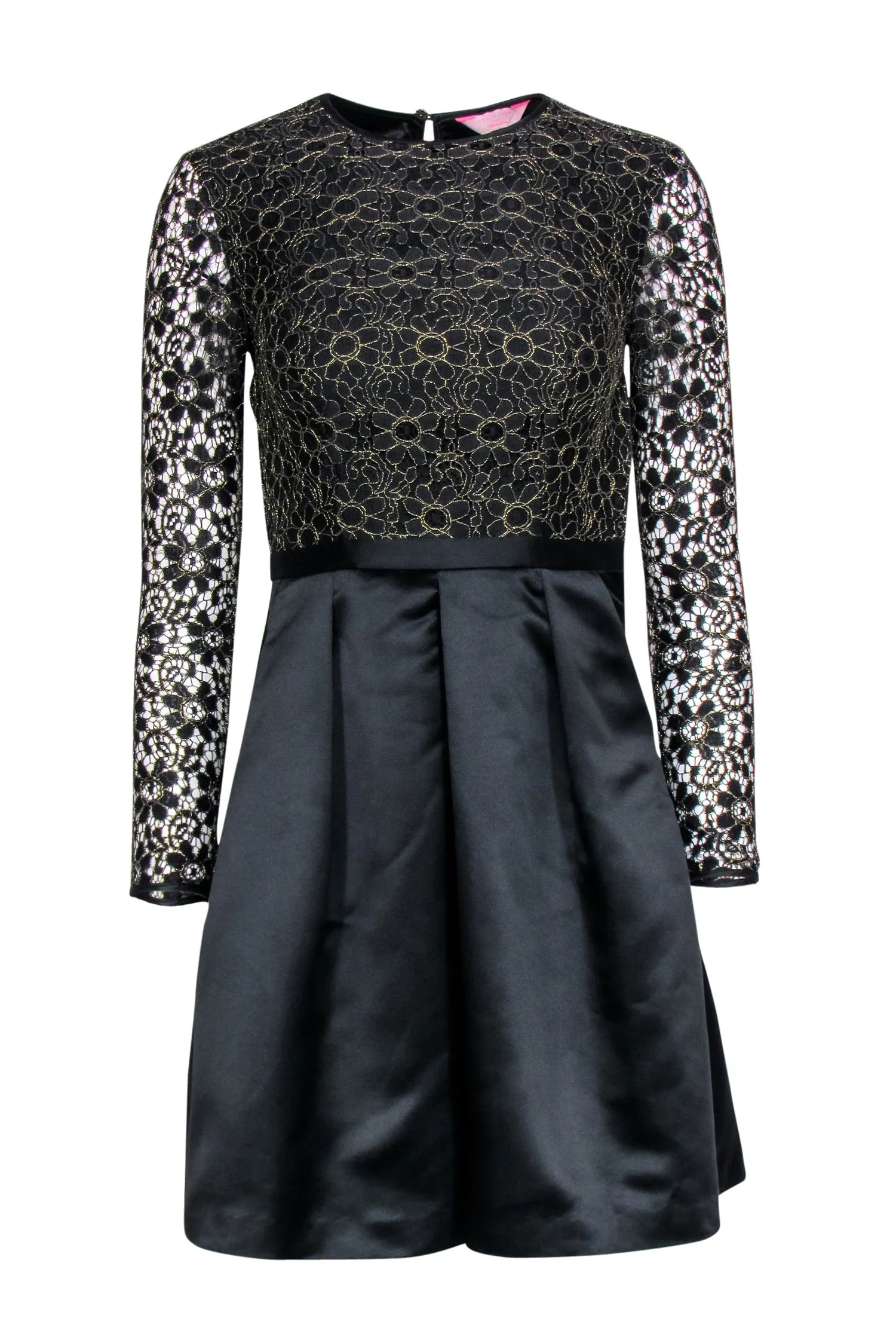 Ted Baker - Black & Gold Floral Lace Long Sleeve Fit & Flare Dress Sz 0