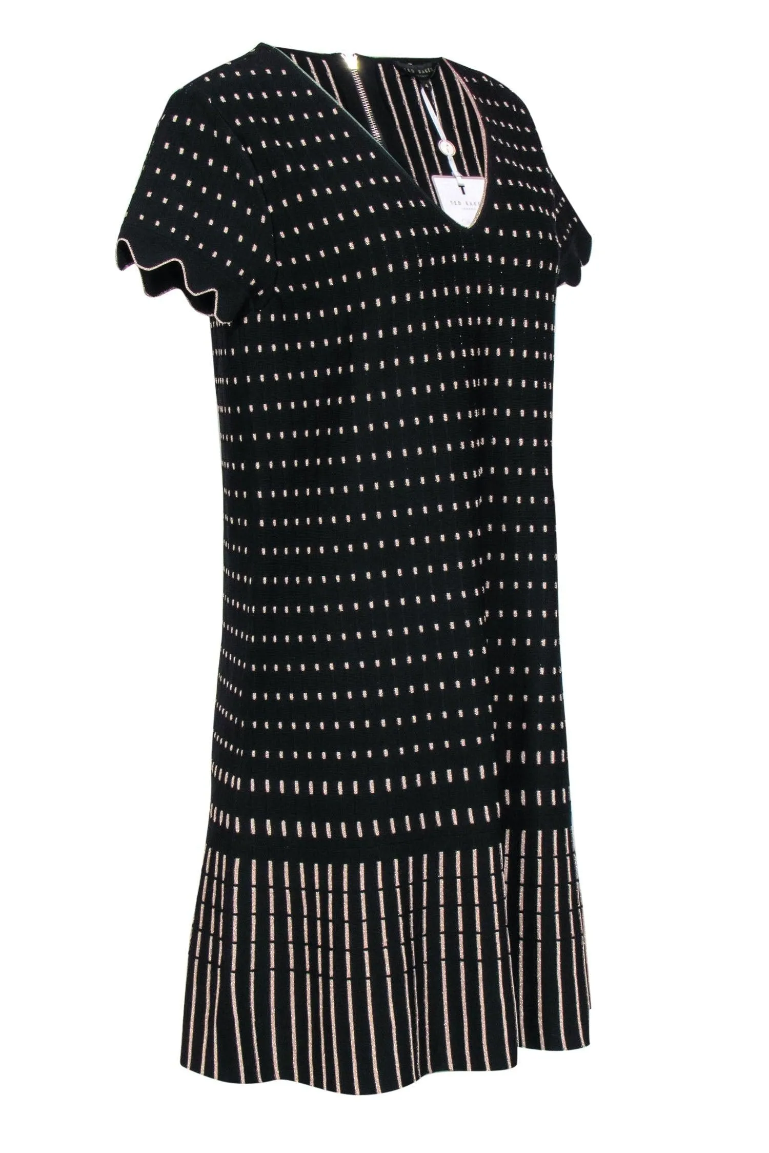 Ted Baker - Black & Gold Patterned Short Sleeve Knit Dress Sz 10