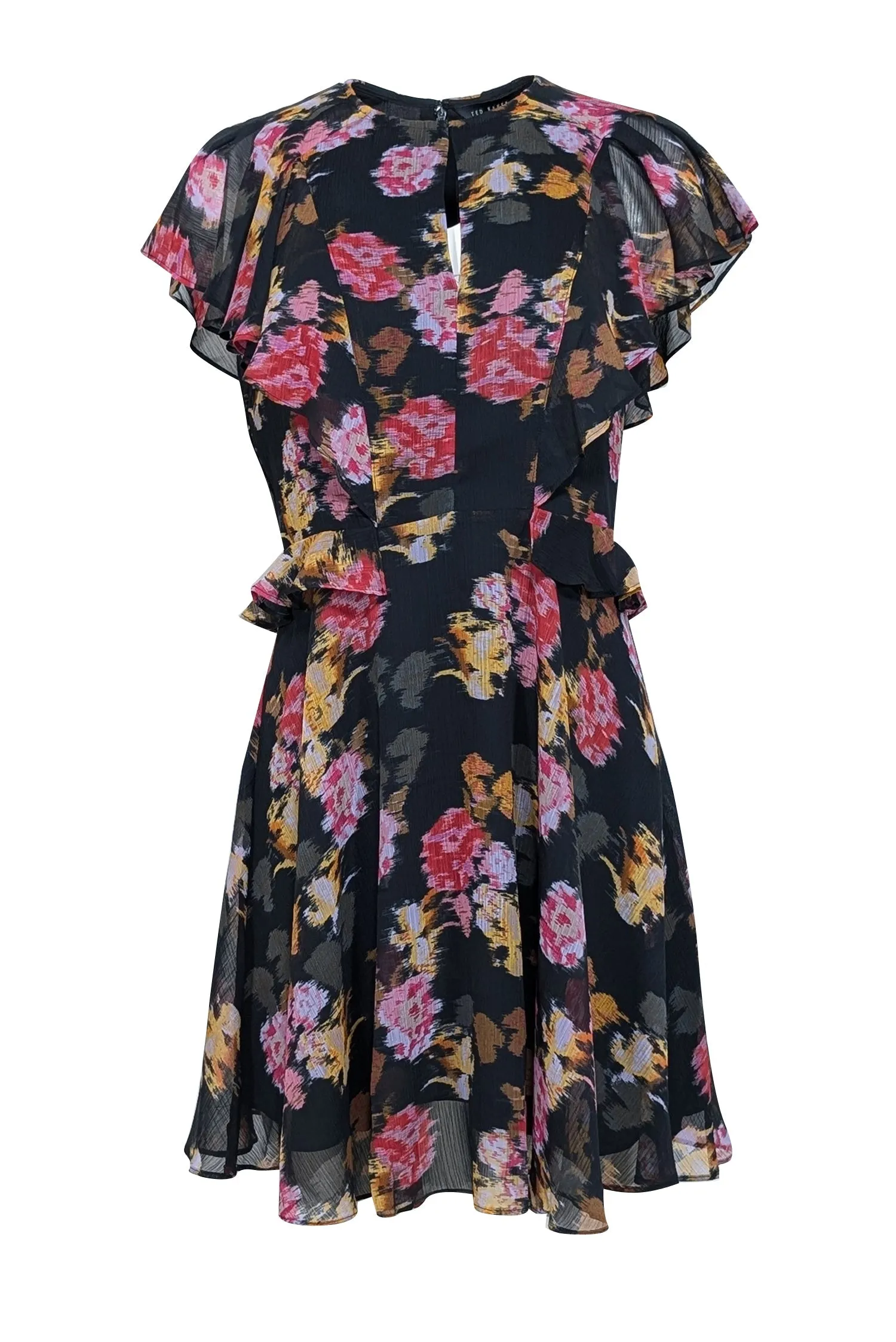 Ted Baker - Black w/ Pink & Yellow Abstract Floral Print Ruffled Dress Sz 8