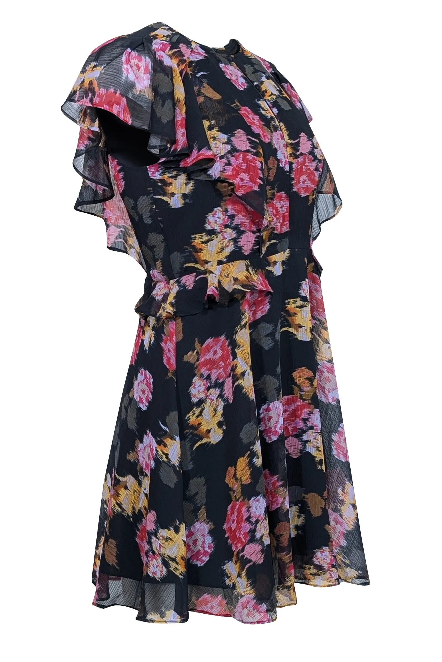 Ted Baker - Black w/ Pink & Yellow Abstract Floral Print Ruffled Dress Sz 8