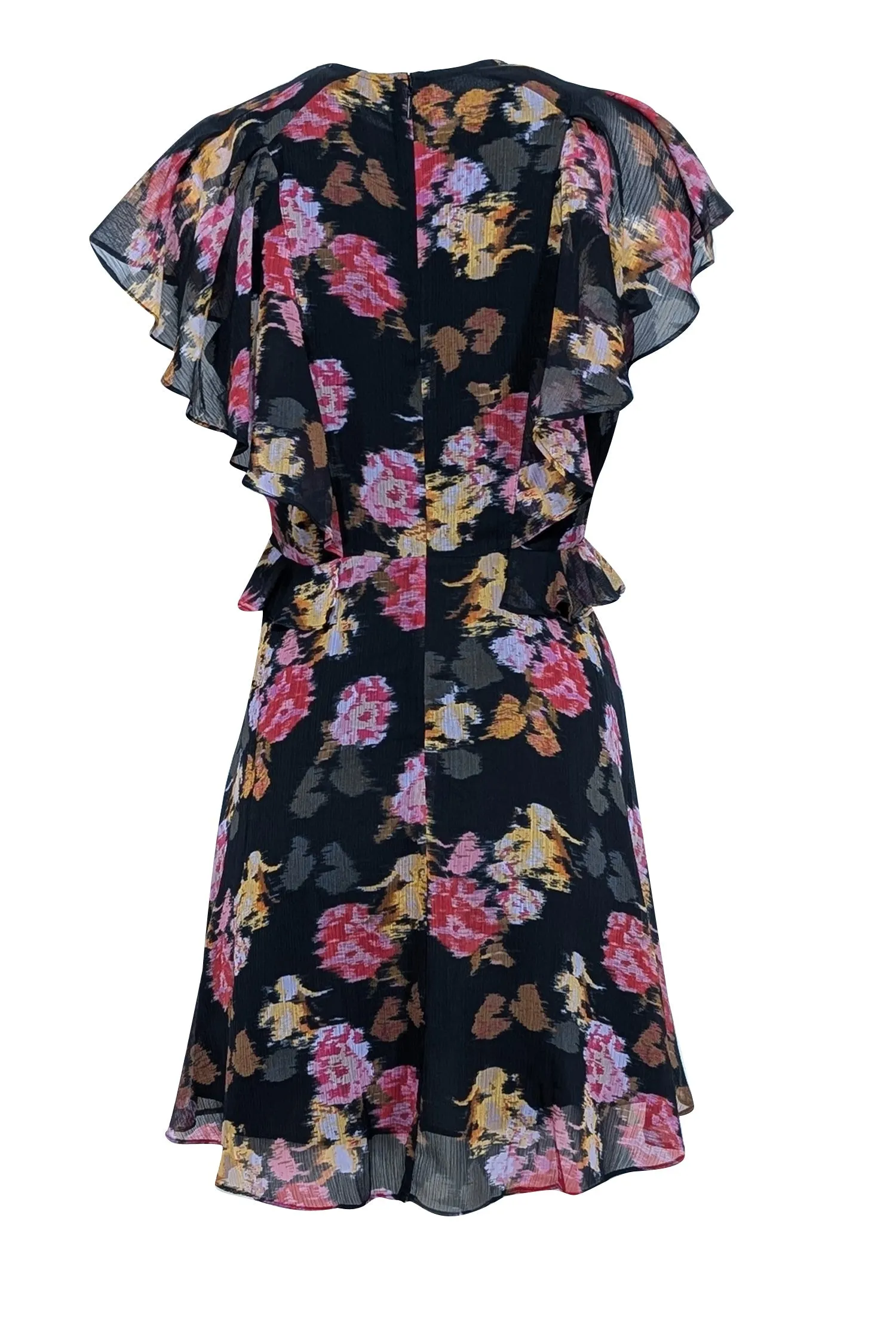 Ted Baker - Black w/ Pink & Yellow Abstract Floral Print Ruffled Dress Sz 8