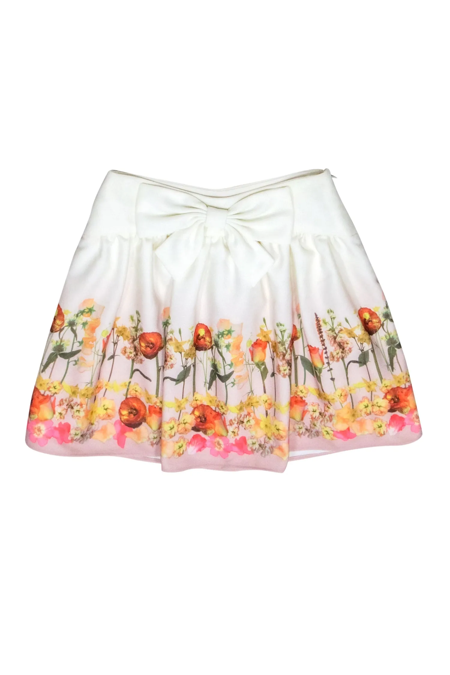 Ted Baker - Ivory & Floral Print Mini Skirt w/ Bow Sz 4