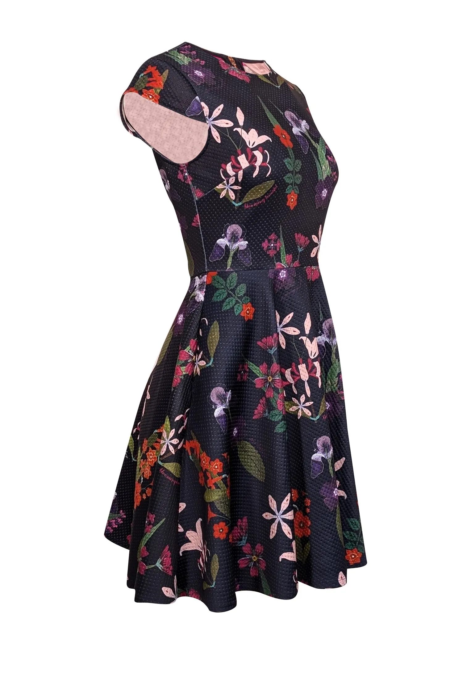 Ted Baker - Navy & Multi Color Floral Textured Cap Sleeve Flared Dress Sz 4