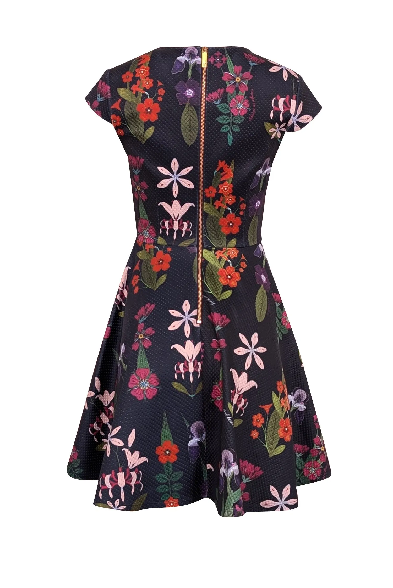 Ted Baker - Navy & Multi Color Floral Textured Cap Sleeve Flared Dress Sz 4