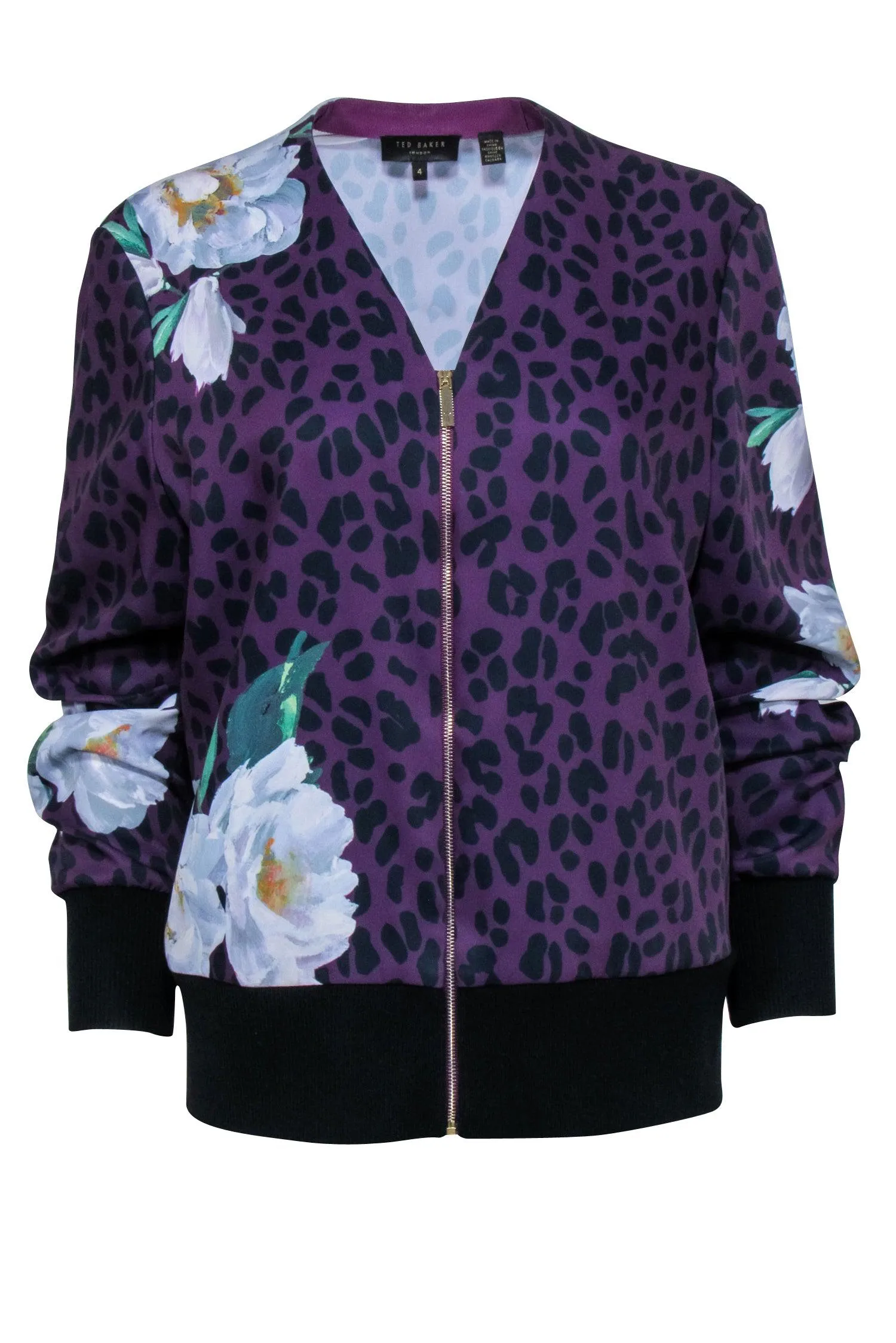 Ted Baker - Purple & Black Leopard & Floral Print Zipper Front Bomber Jacket Sz 10