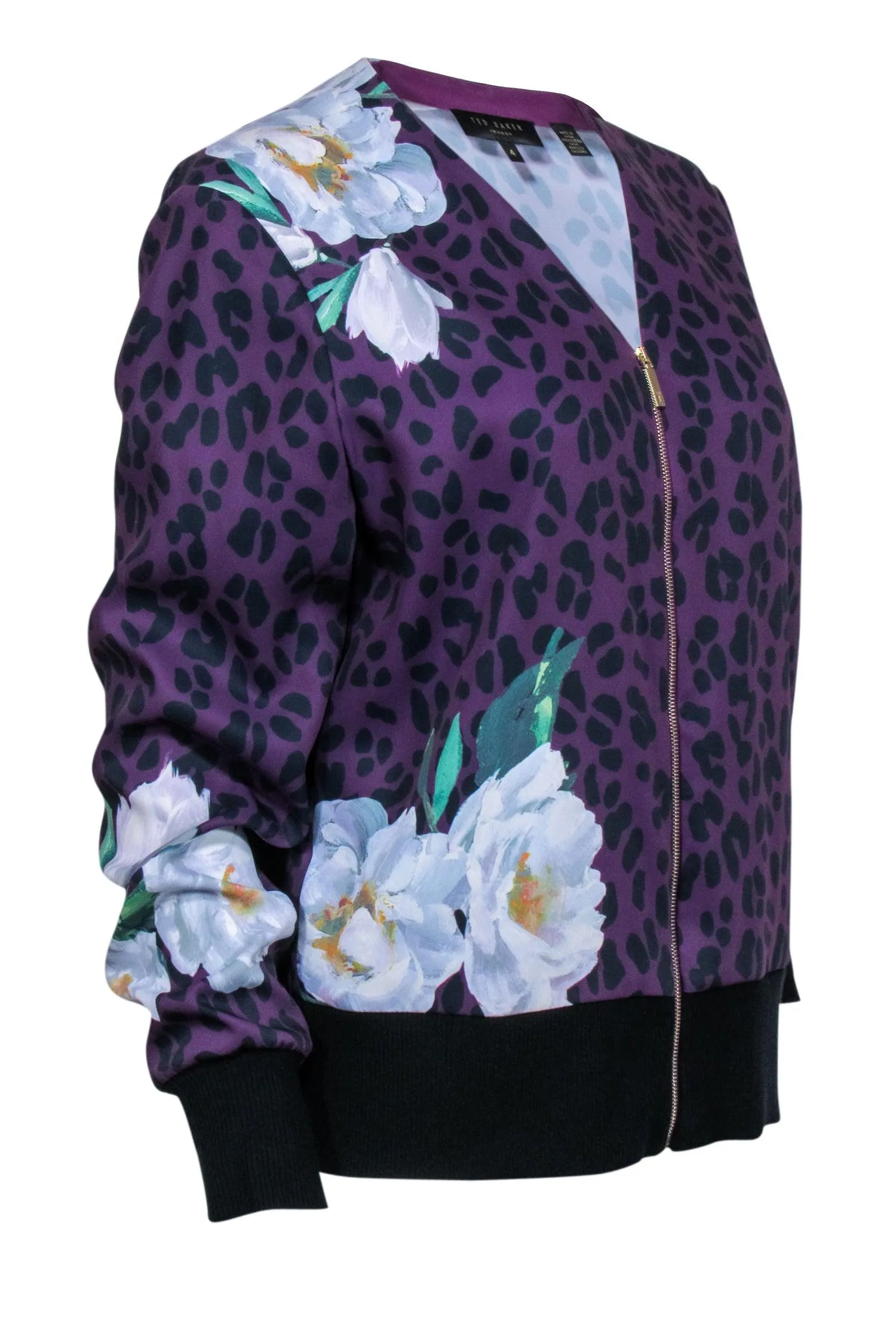 Ted Baker - Purple & Black Leopard & Floral Print Zipper Front Bomber Jacket Sz 10