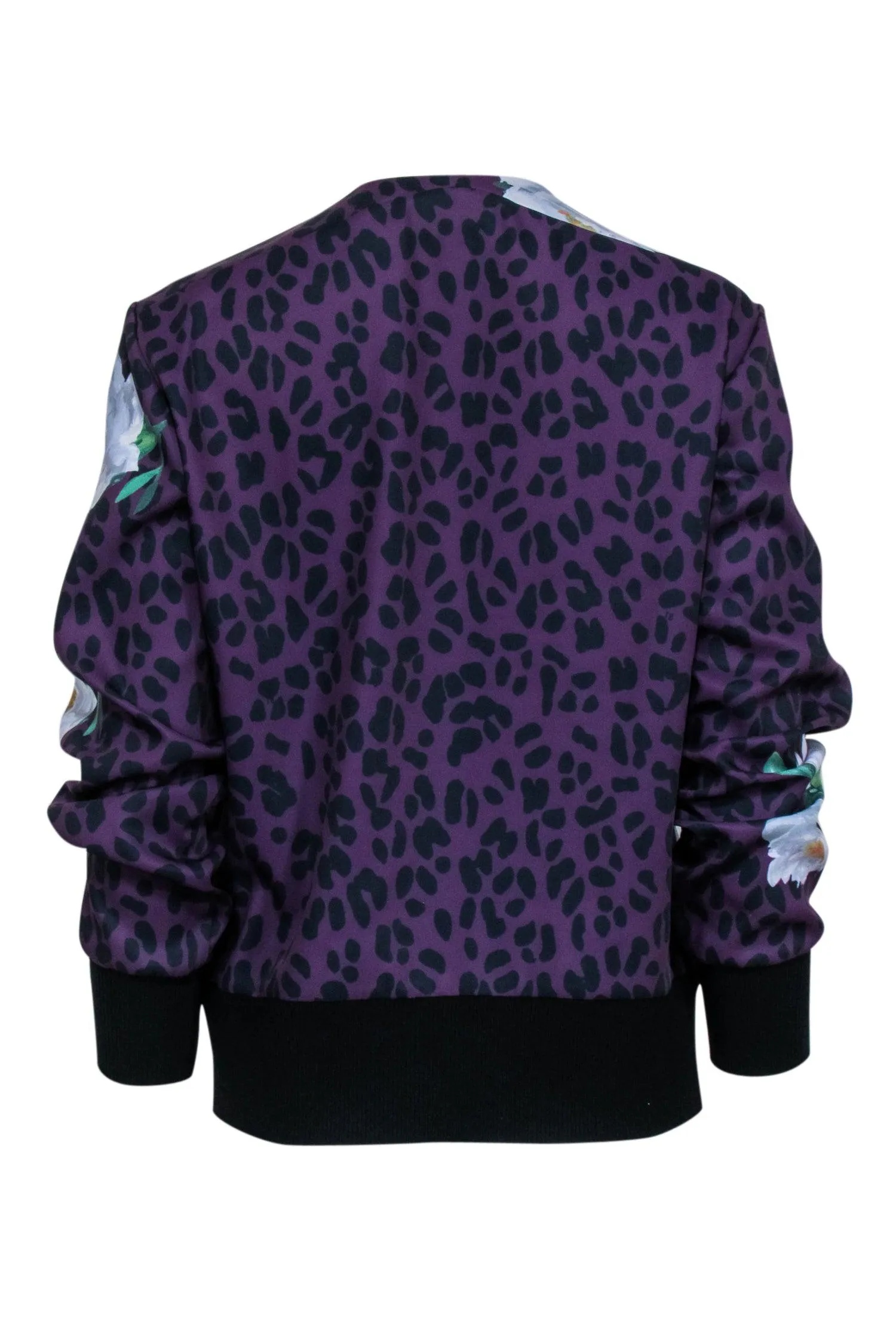 Ted Baker - Purple & Black Leopard & Floral Print Zipper Front Bomber Jacket Sz 10