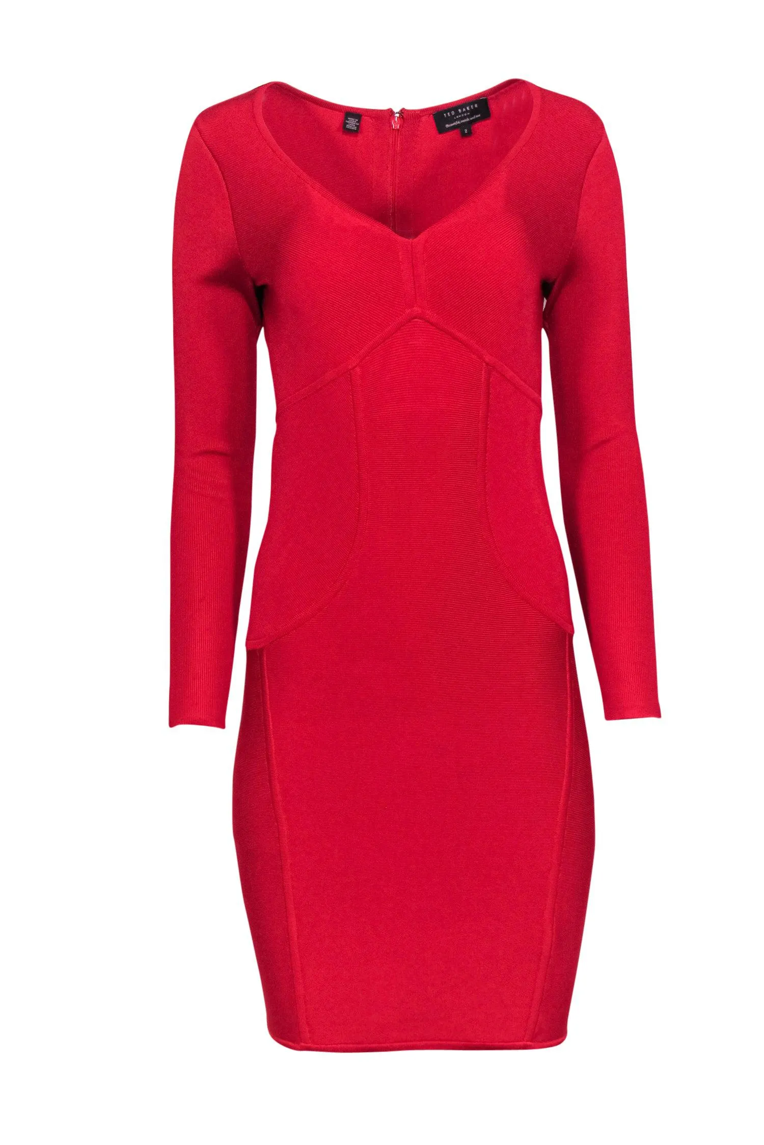 Ted Baker - Red Knit Long Sleeve Bodycon Dress Sz 6