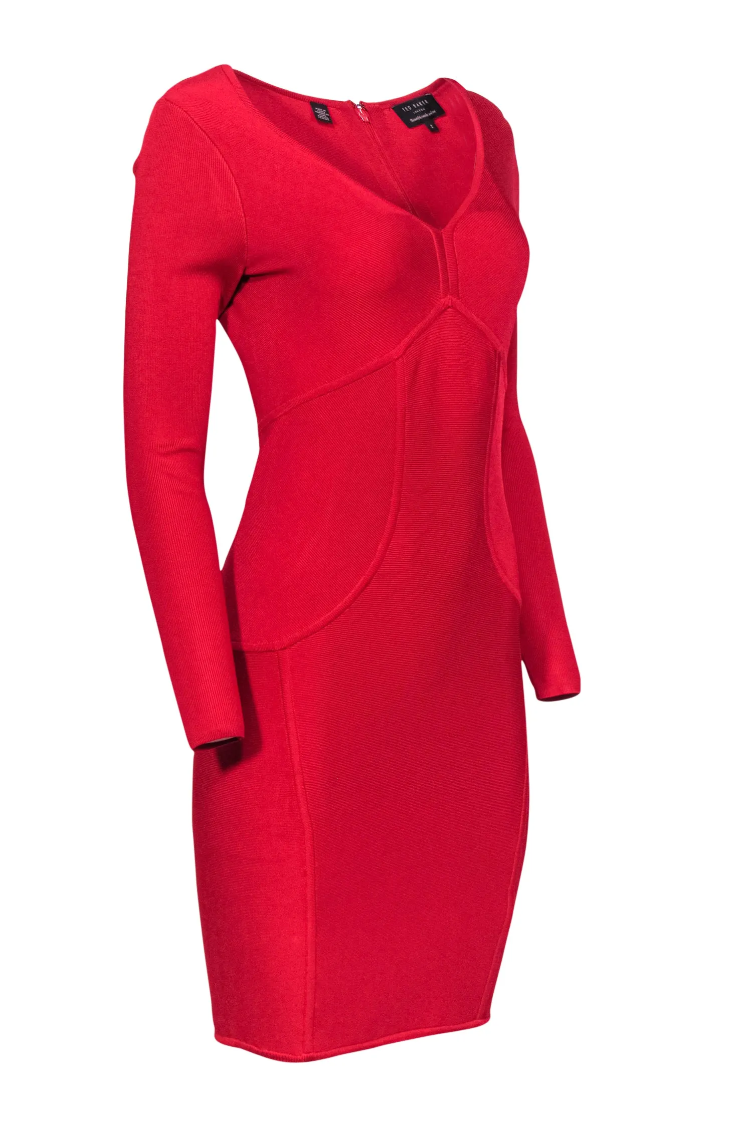 Ted Baker - Red Knit Long Sleeve Bodycon Dress Sz 6