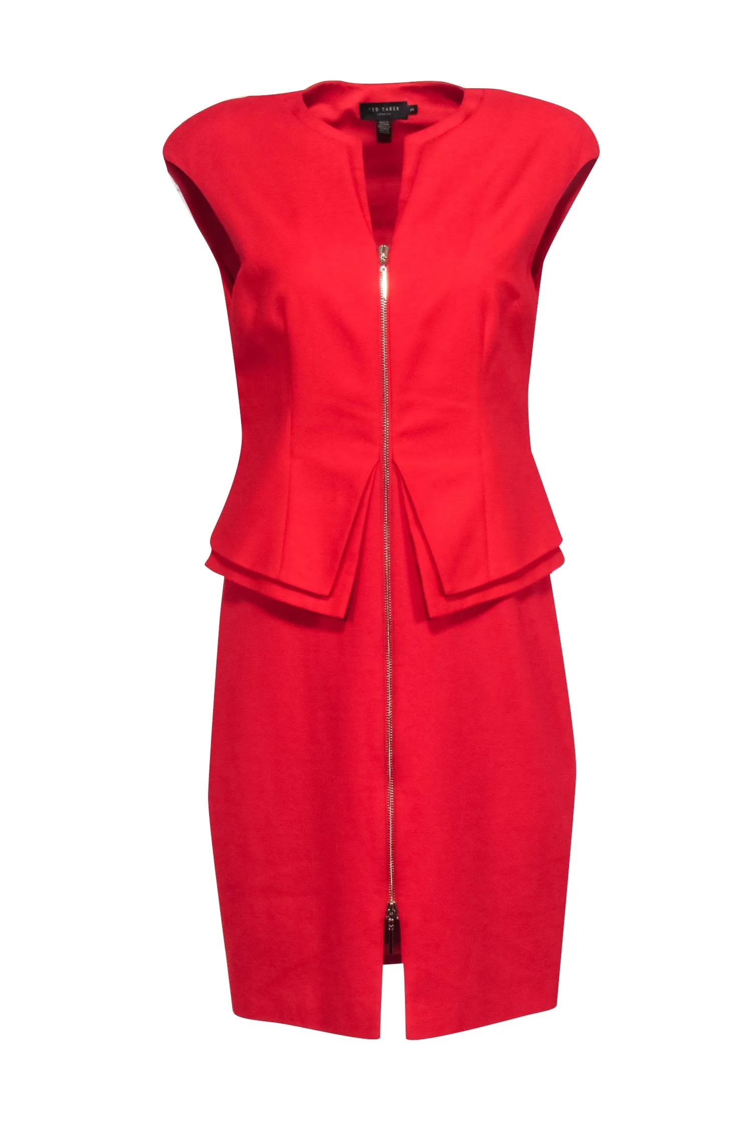 Ted Baker - Red Peplum Zip-Up Sheath Dress w/ Padded Shoulders Sz 8