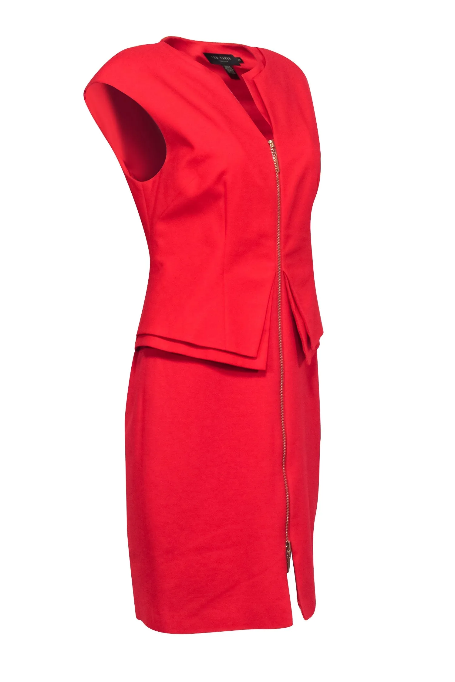 Ted Baker - Red Peplum Zip-Up Sheath Dress w/ Padded Shoulders Sz 8