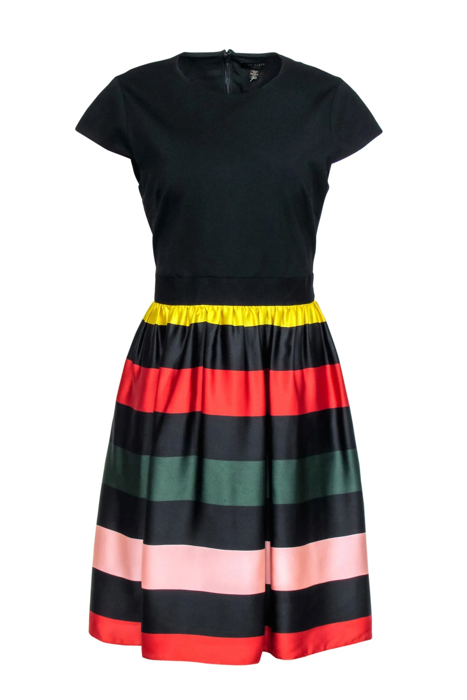 Ted Baker – Black Cap Sleeve Dress w/ Satin Striped Skirt Sz 10