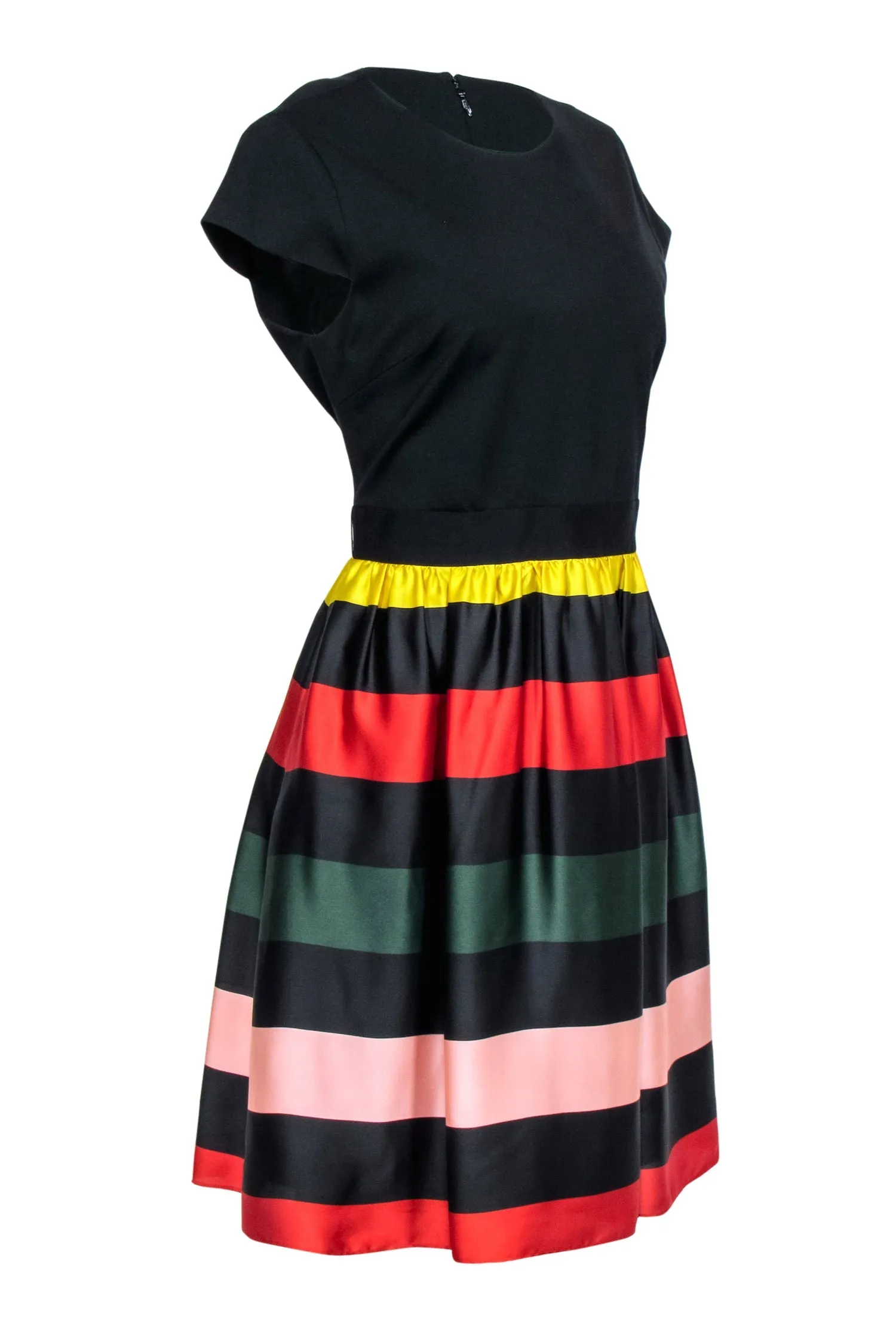 Ted Baker – Black Cap Sleeve Dress w/ Satin Striped Skirt Sz 10