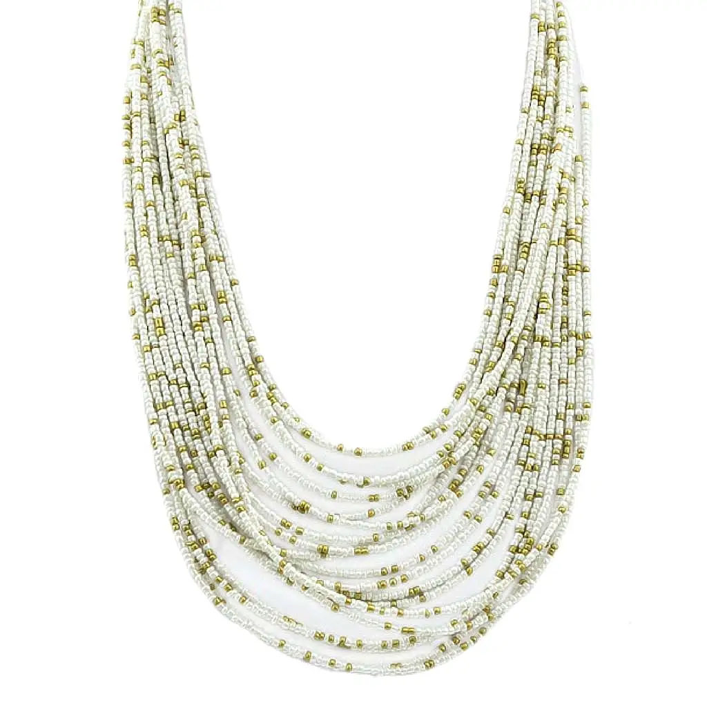 White and Gold Seed Bead Layered Necklace