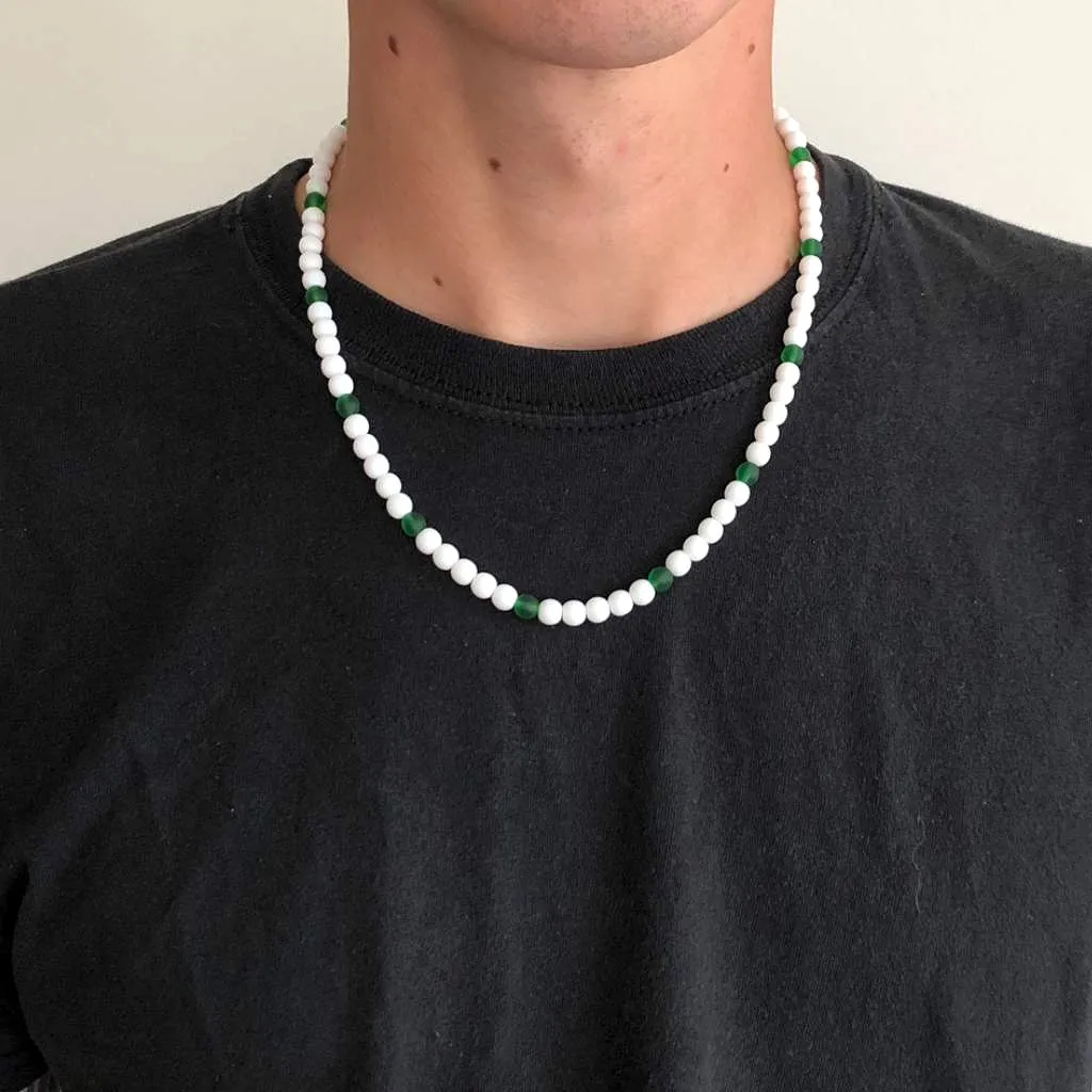 White and Green Beaded Mens Necklace