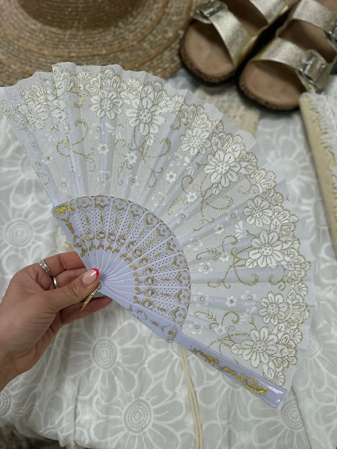 White Floral Glitter Fan