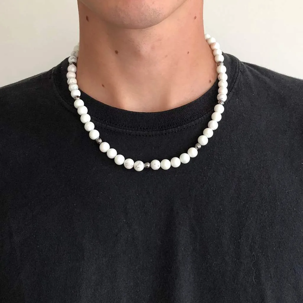 White Magnesite Mens Beaded Necklace