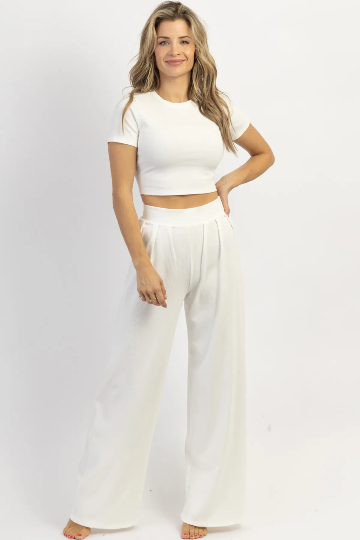 WHITE RIBBED PALAZZO PANT SET