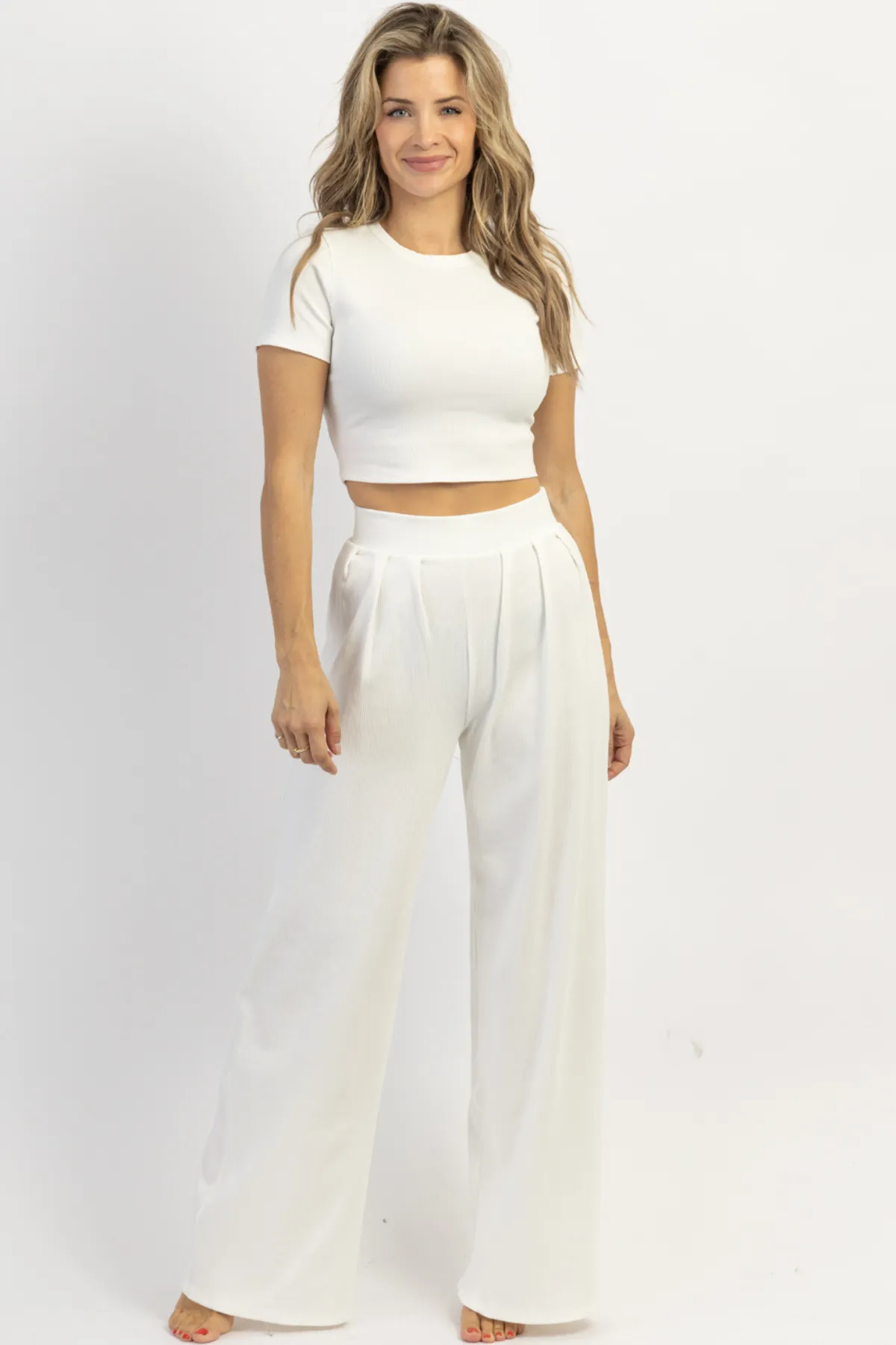 WHITE RIBBED PALAZZO PANT SET