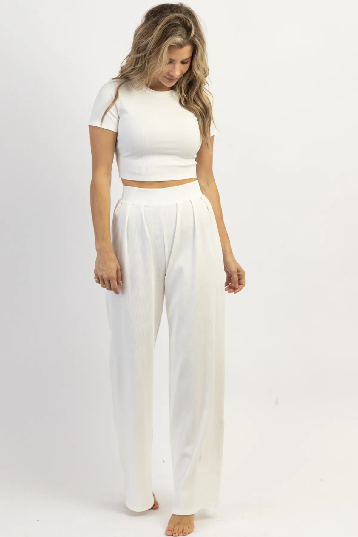 WHITE RIBBED PALAZZO PANT SET