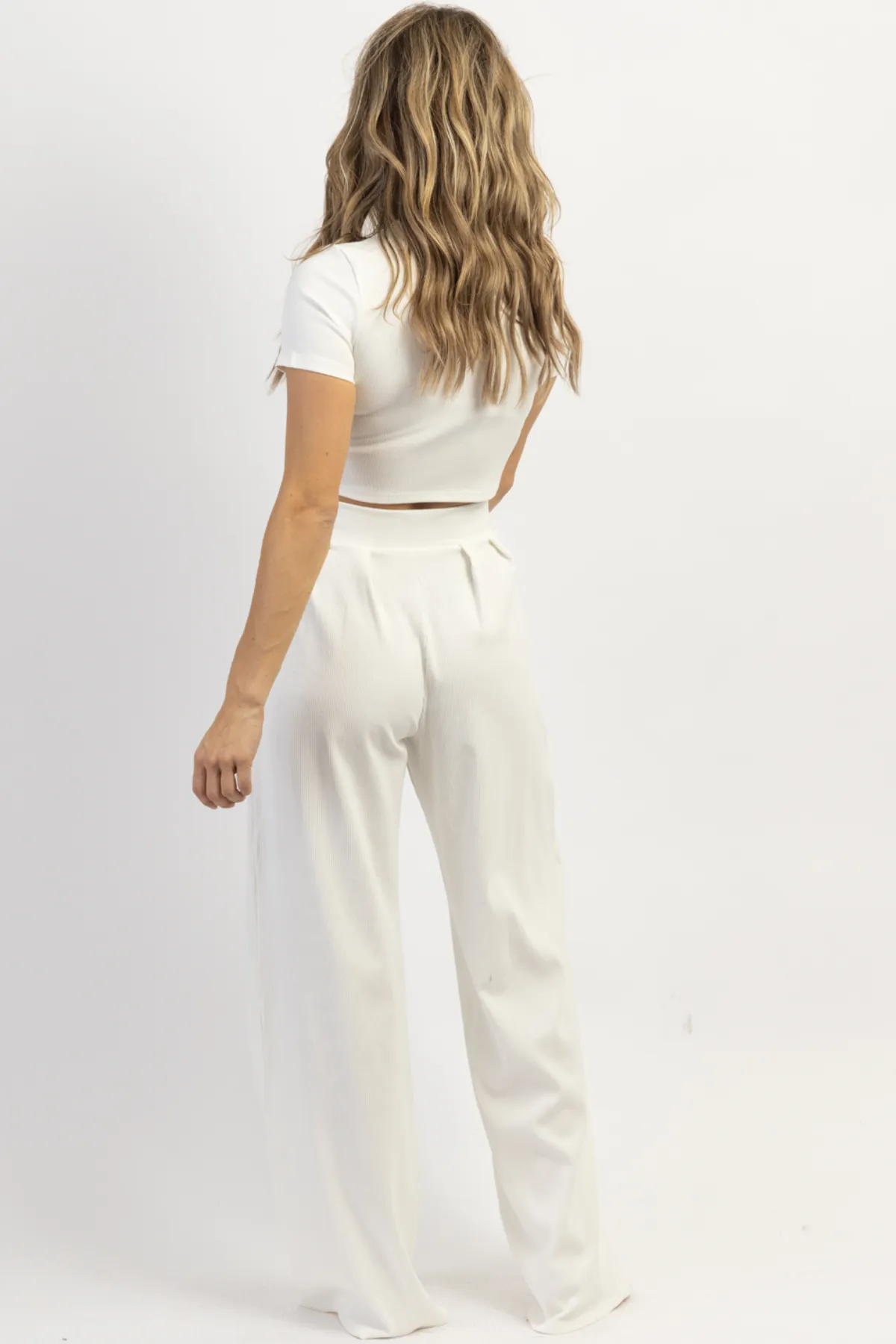 WHITE RIBBED PALAZZO PANT SET