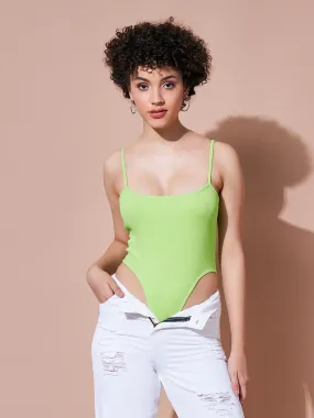 Women Neon Green Strappy Ribbed Bodysuit