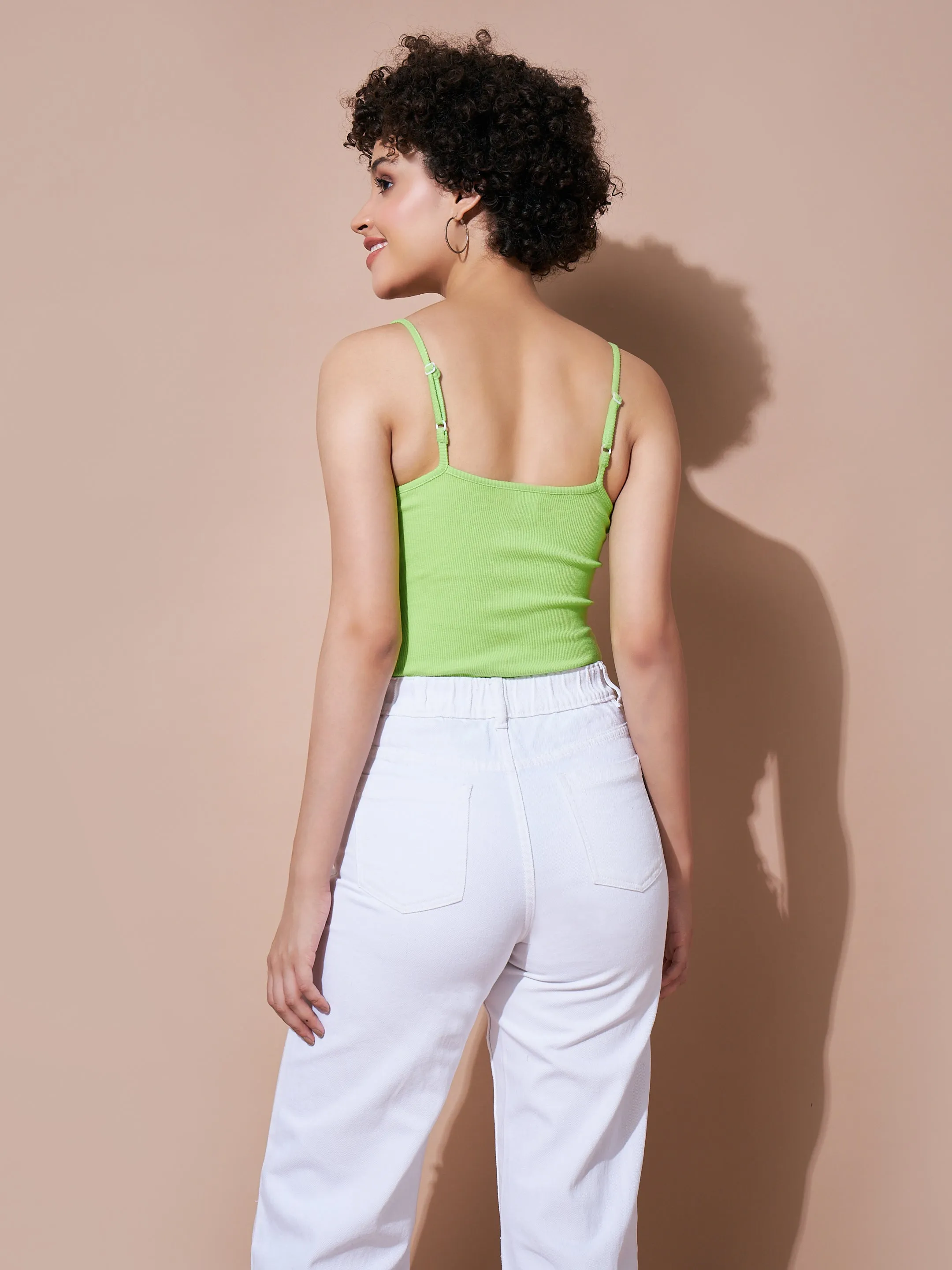 Women Neon Green Strappy Ribbed Bodysuit