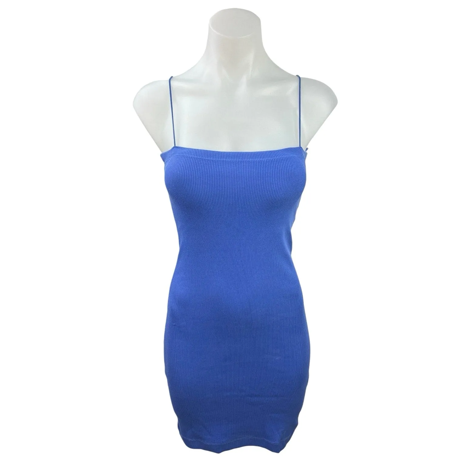 Zara Womens Blue Ribbed Square Neck Sleeveless Cami Tank Bodycon Midi Dress Sz M